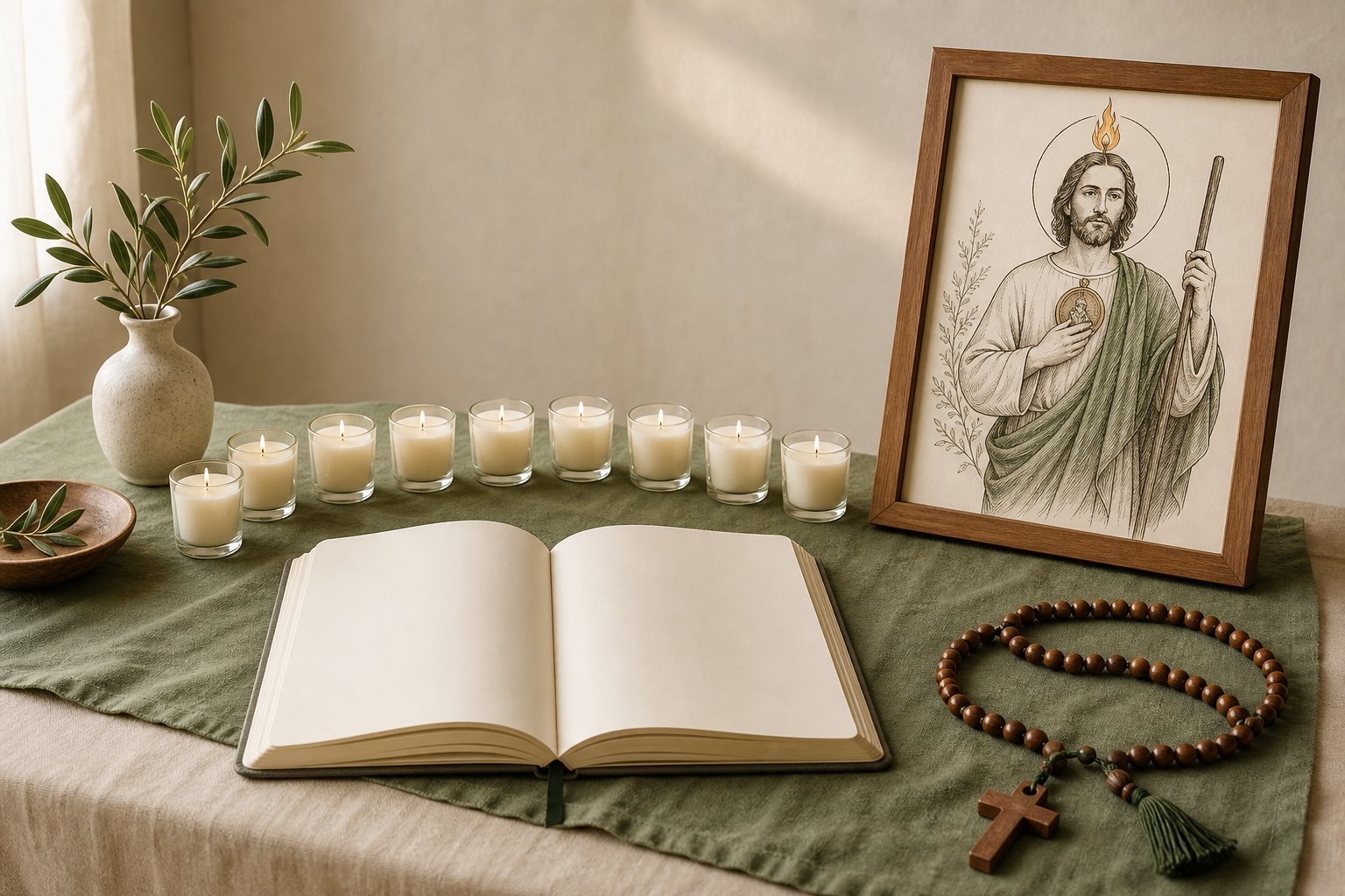 Mesa de oración con nueve velas y una ilustración original de San Judas Tadeo