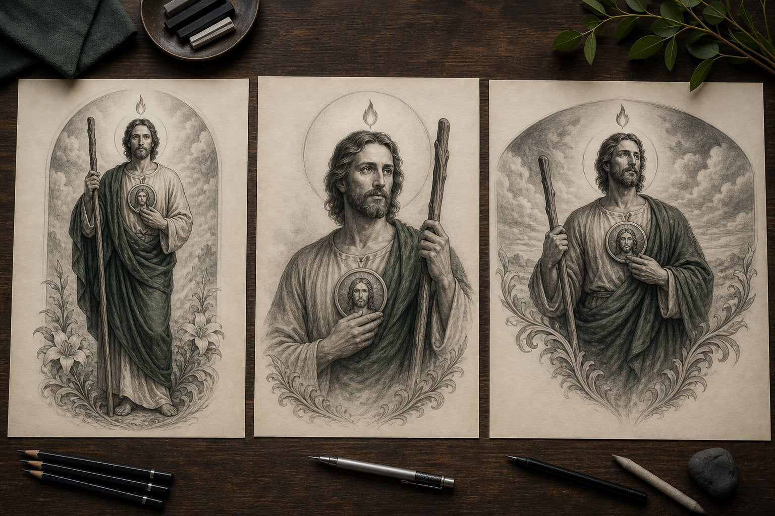 Three original San Judas back tattoo composition studies on a planning table