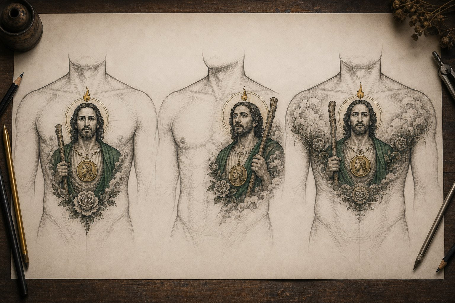 San Judas chest tattoo planning board comparing centered, one-sided, and wide layouts