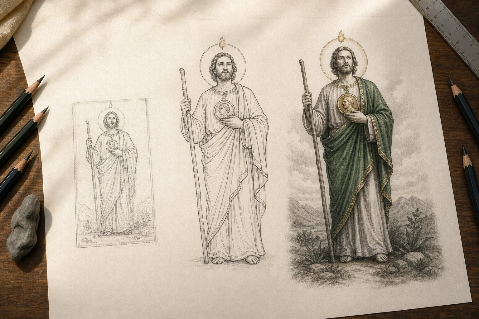 San Judas drawing shown as thumbnail, contour, and finished value-study stages