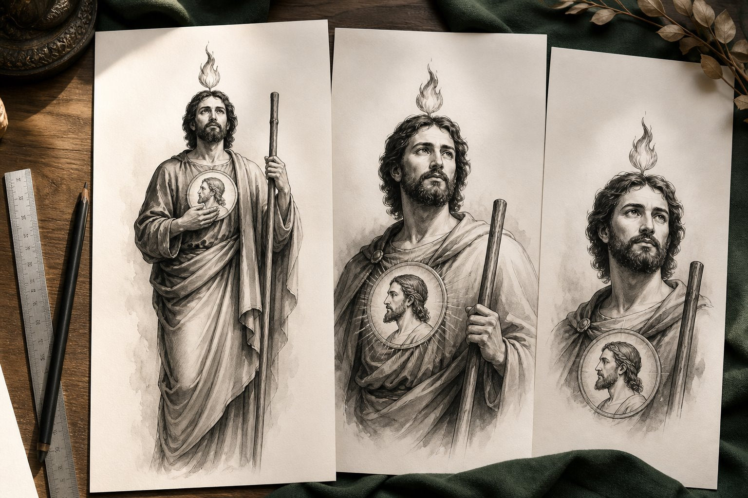 Three original San Judas forearm tattoo composition studies on an artist worktable