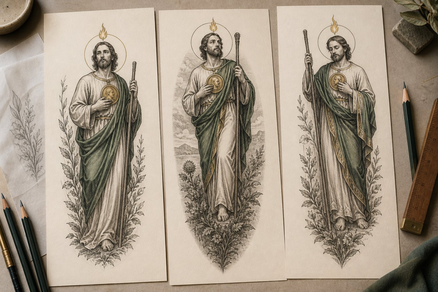 Three original San Judas leg tattoo composition studies on an artist planning table