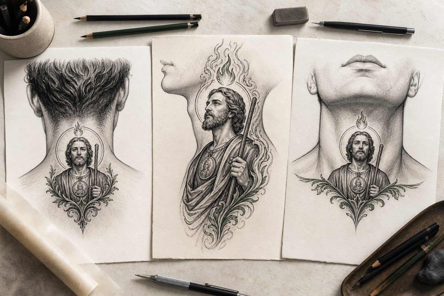 Three original San Judas neck tattoo composition studies on a planning table