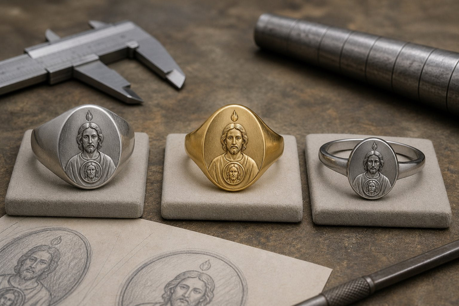 Three original editorial Saint Jude ring concepts on a jeweler planning table