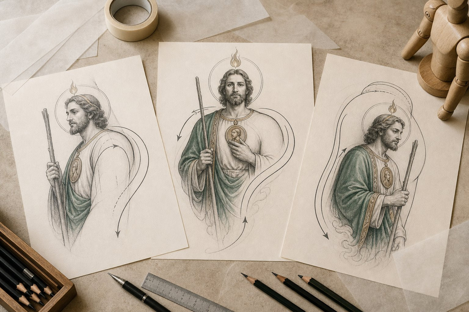 Three original San Judas shoulder tattoo composition studies on an artist table