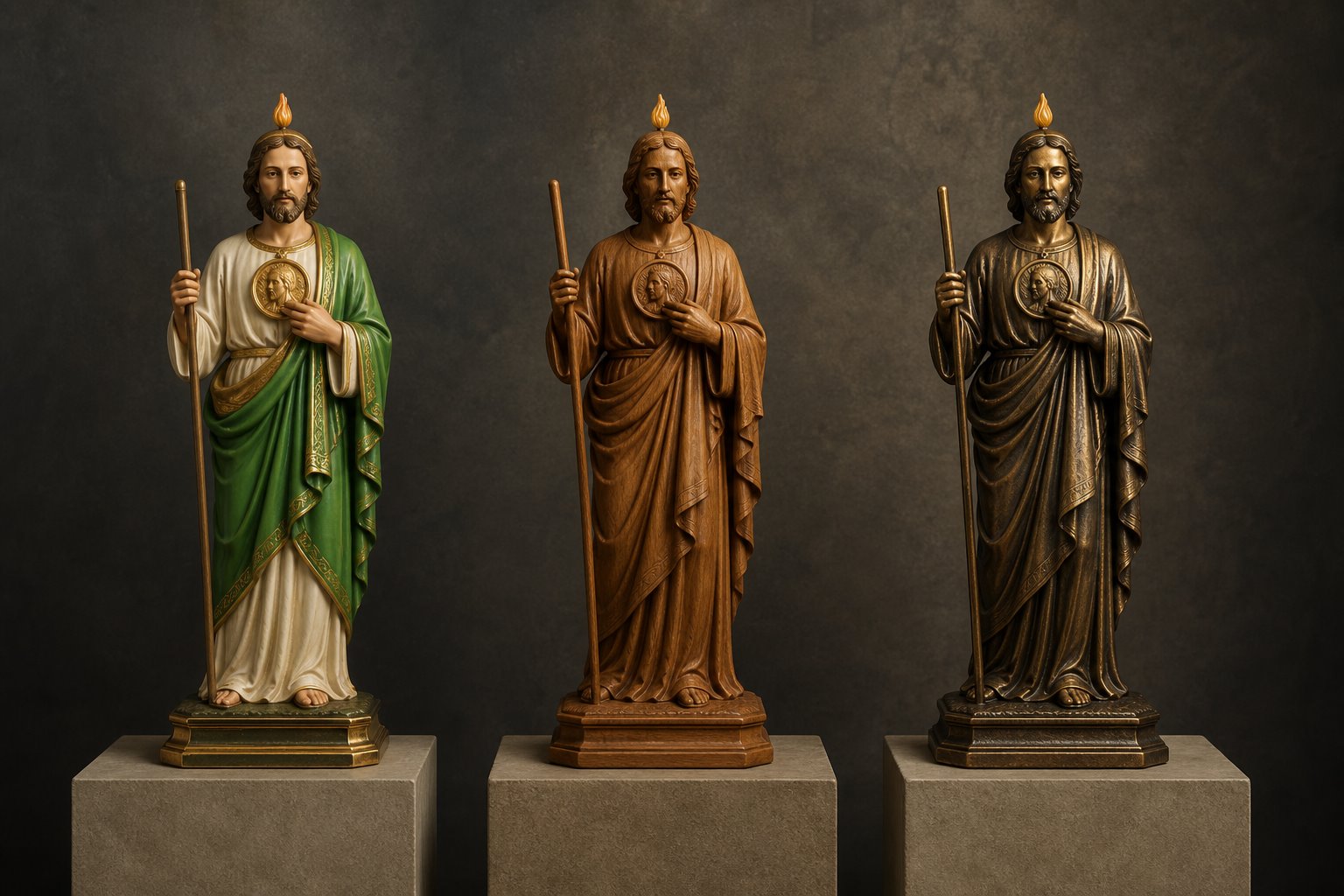 Three original San Judas statue concepts in painted, wood-tone and bronze-tone finishes