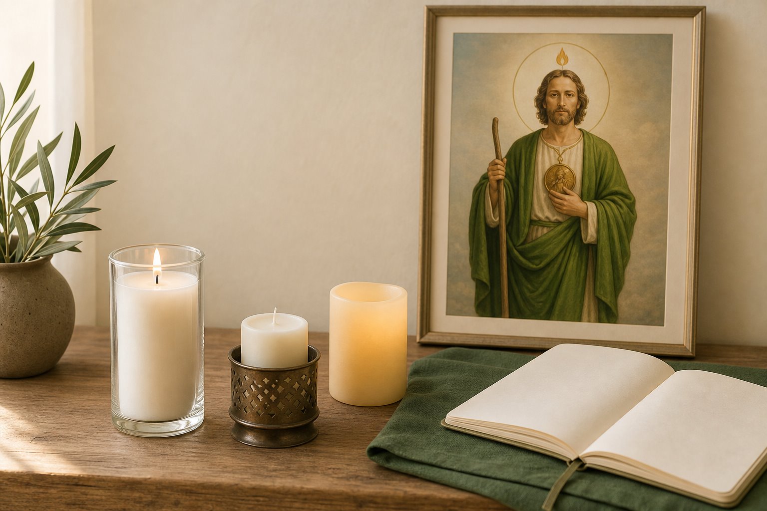 Mesa de oración ilustrada con imagen de San Judas y tres tipos de veladoras