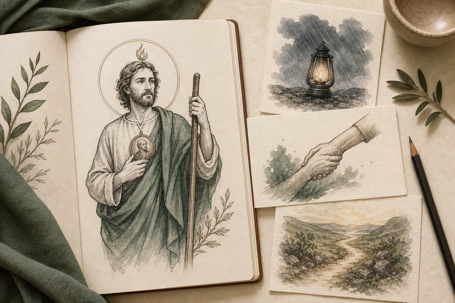 Editorial Saint Jude study with a lamp, helping hands and a path representing hope