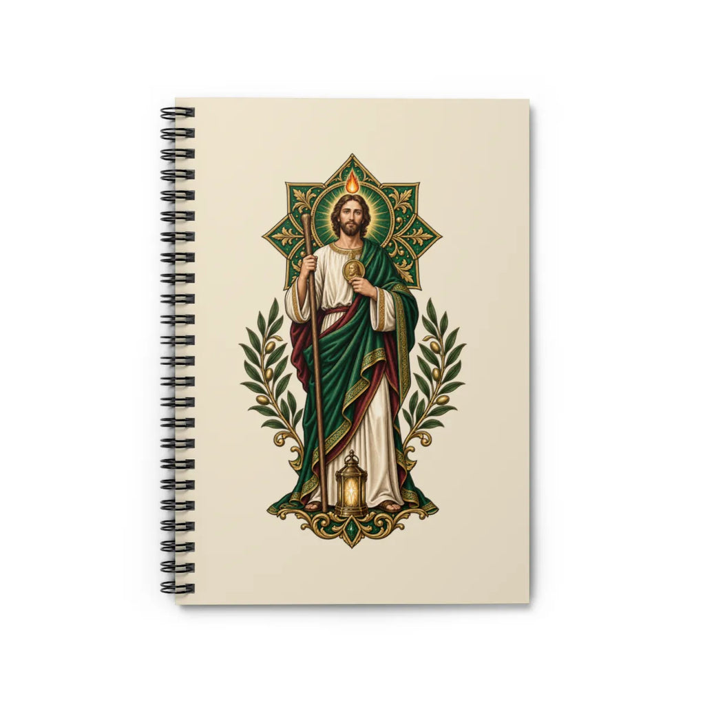 San Judas spiral notebook with emerald rosette and lantern artwork, front view