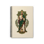 San Judas spiral notebook with emerald rosette and lantern artwork, front view