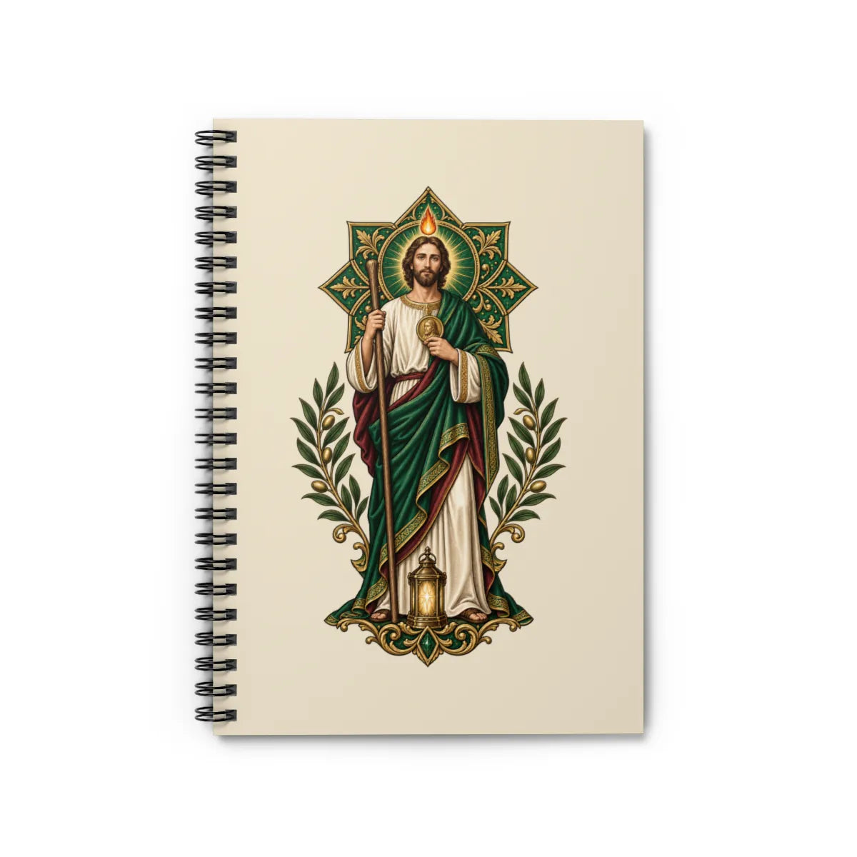 San Judas spiral notebook with emerald rosette and lantern artwork, front view