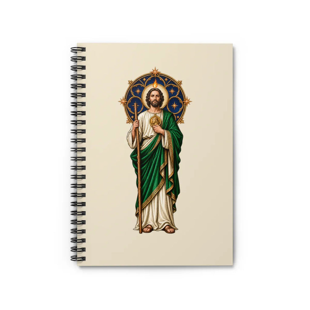 San Judas spiral notebook with celestial rose window and copper star artwork, front view