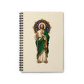 San Judas spiral notebook with celestial rose window and copper star artwork, front view