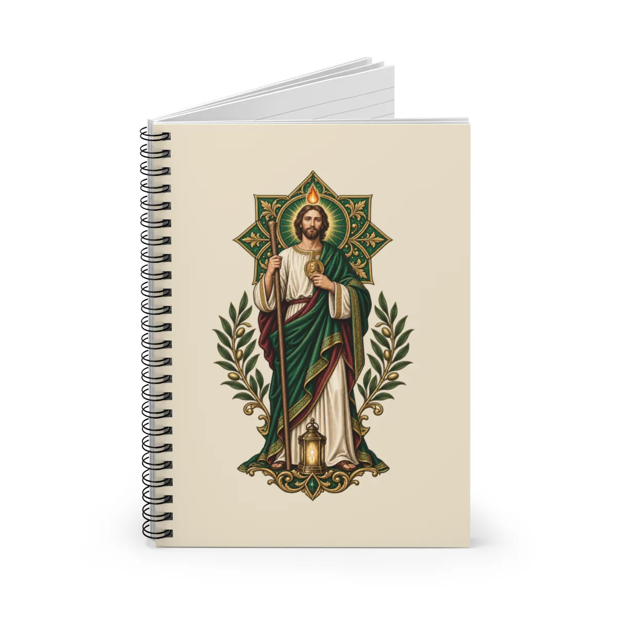 San Judas spiral notebook with emerald rosette and lantern artwork, opened view