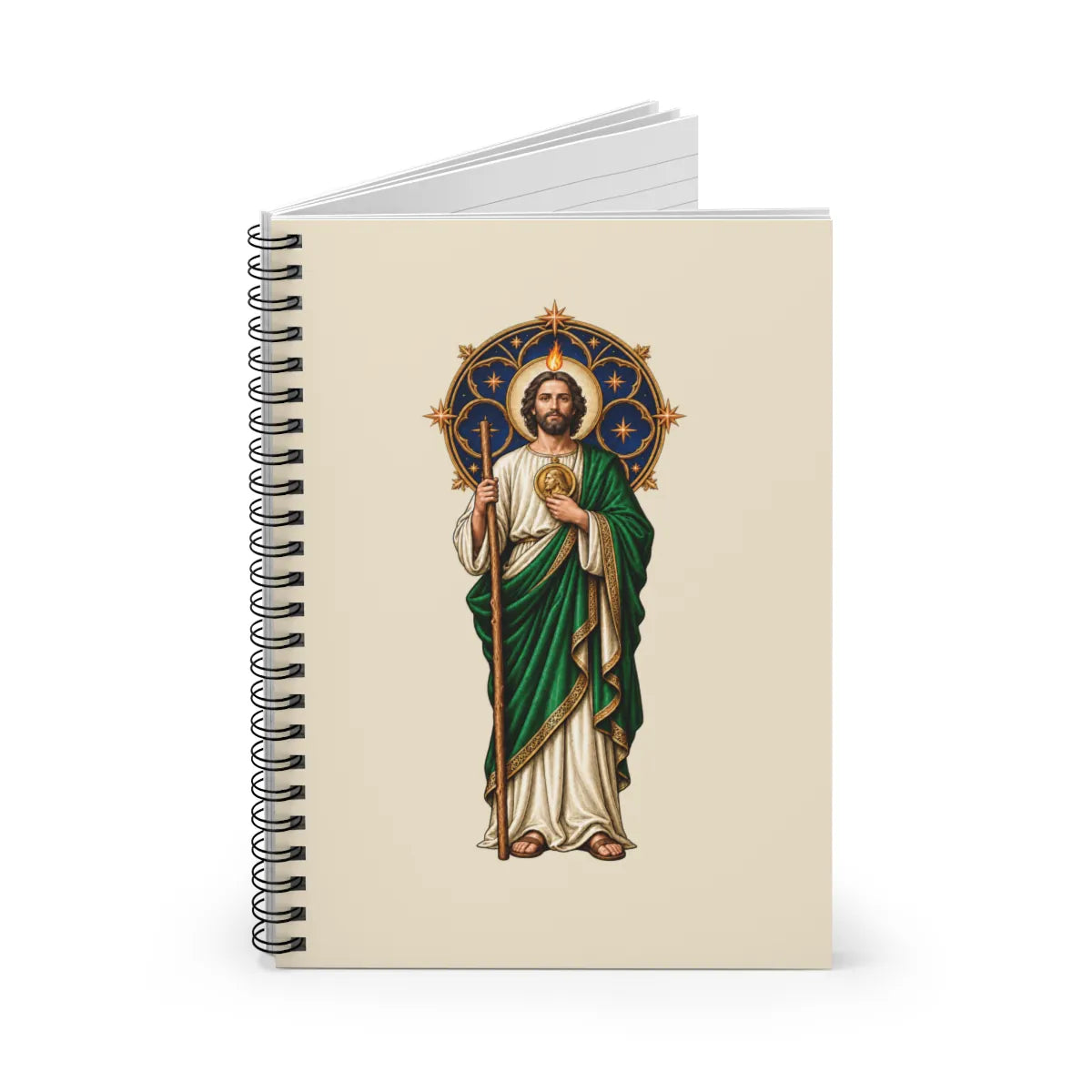 San Judas spiral notebook with celestial rose window and copper star artwork, opened view
