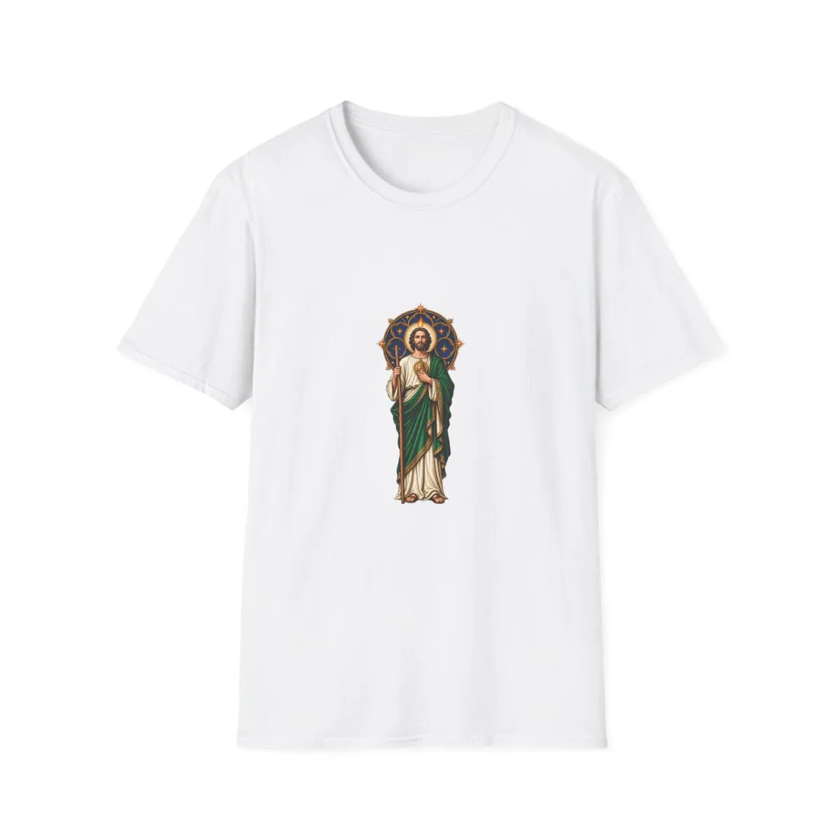 San Judas T-shirt with midnight-blue celestial rose window and copper star artwork, White front view