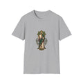 San Judas T-shirt with emerald rosette, olive sprigs, and lantern artwork, Sport Grey front view