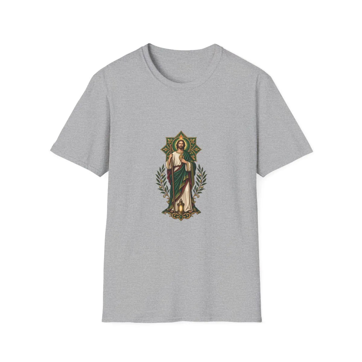 San Judas T-shirt with emerald rosette, olive sprigs, and lantern artwork, Sport Grey front view