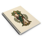 San Judas spiral notebook with emerald rosette and lantern artwork, perspective view