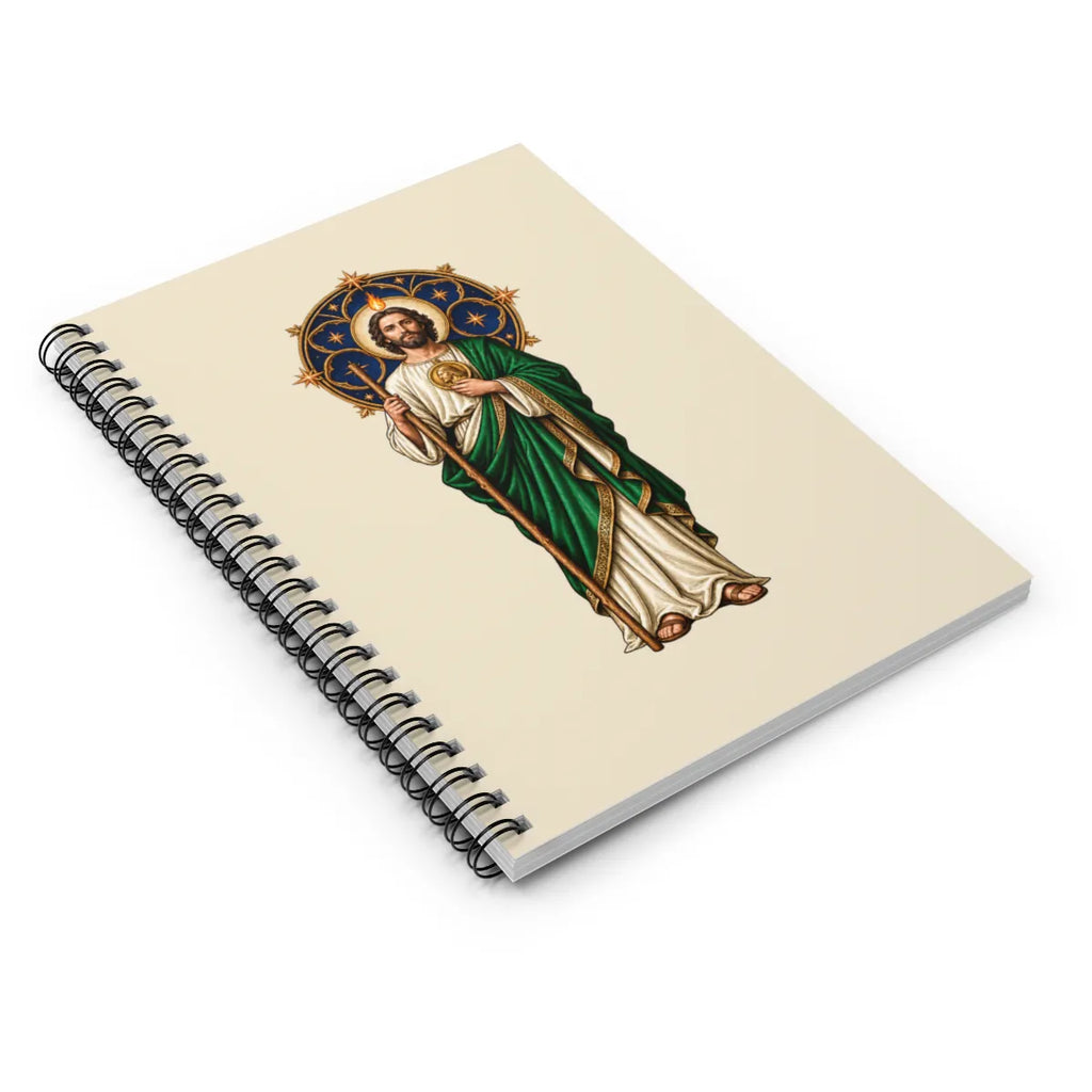 San Judas spiral notebook with celestial rose window and copper star artwork, perspective view