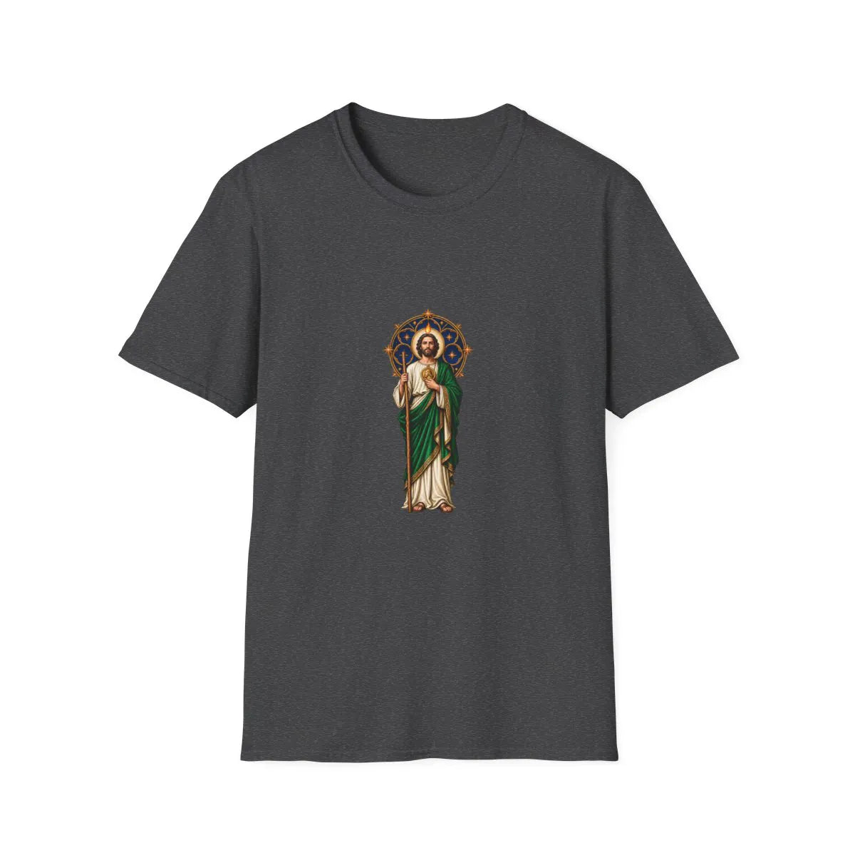 San Judas T-shirt with midnight-blue celestial rose window and copper star artwork, Dark Heather front view