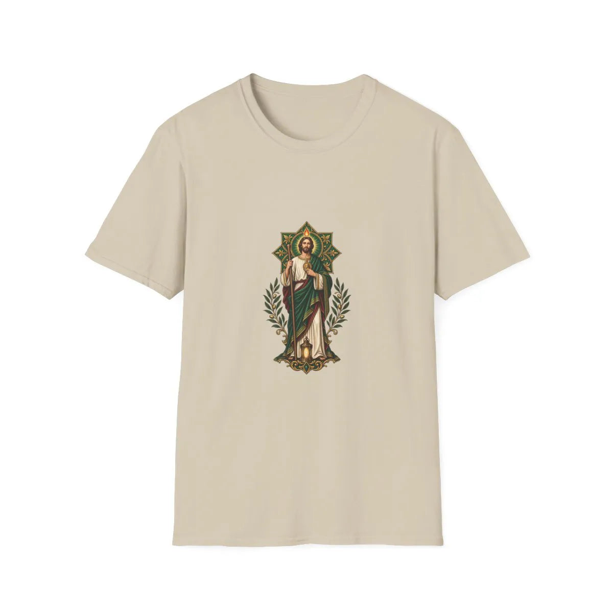 San Judas T-shirt with emerald rosette, olive sprigs, and lantern artwork, Sand front view