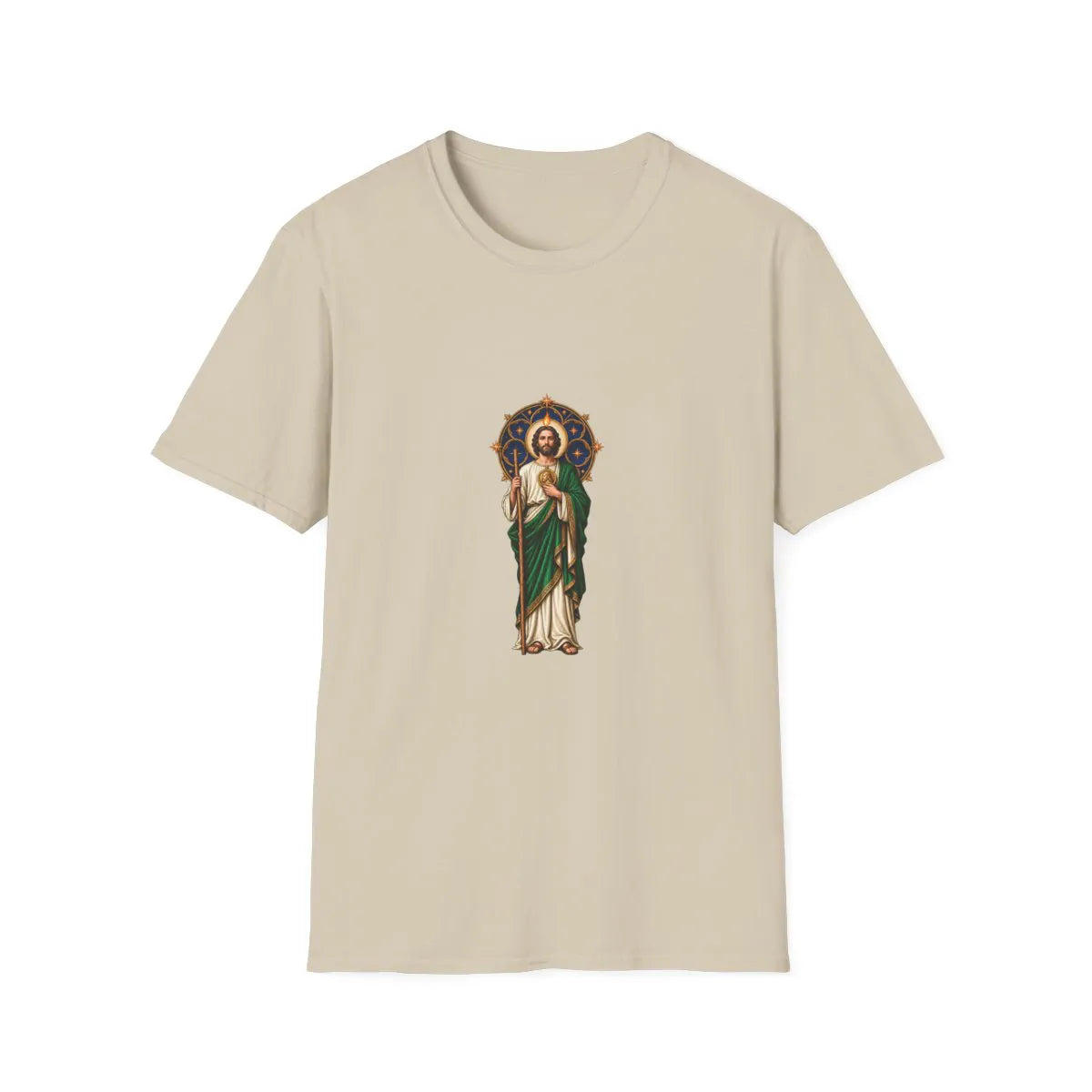 San Judas T-shirt with midnight-blue celestial rose window and copper star artwork, Sand front view