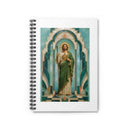 aqua, pearl, and aged brass San Judas Tadeo Aqua Radiant Sanctuary illustration on a spiral notebook