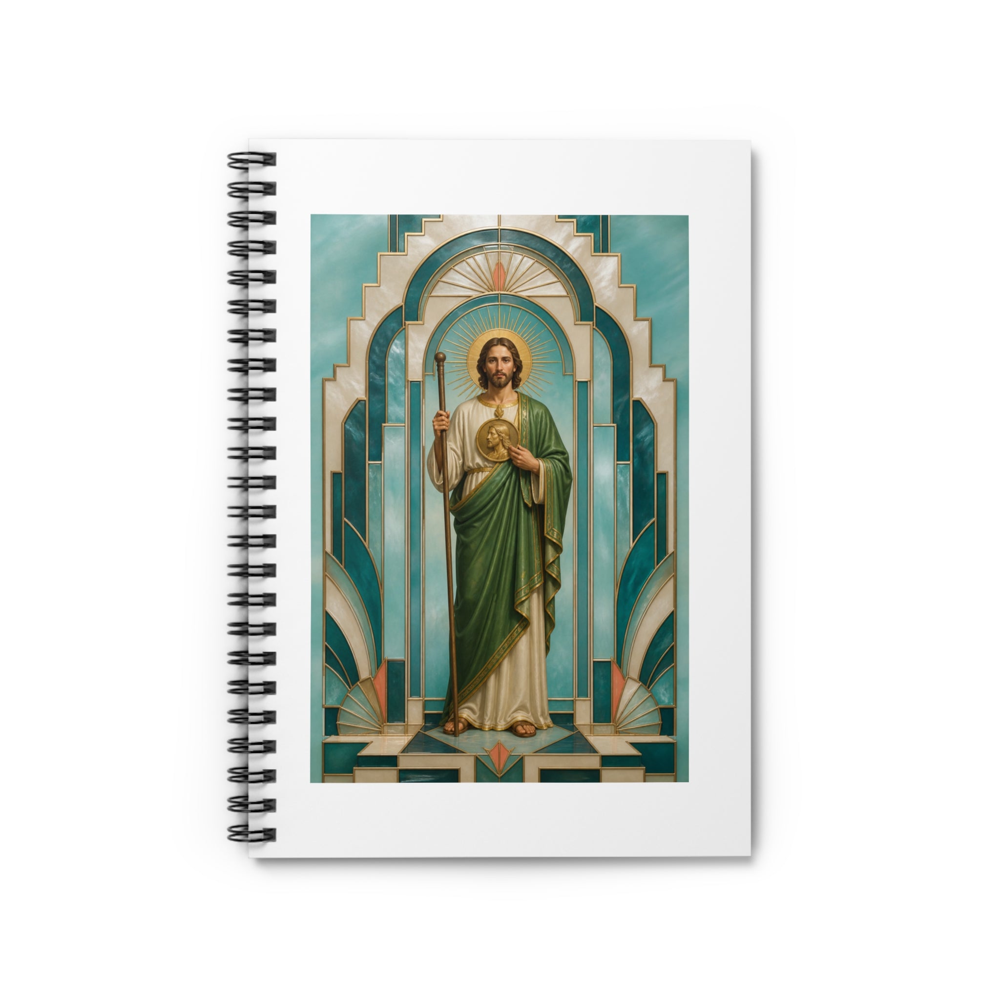 aqua, pearl, and aged brass San Judas Tadeo Aqua Radiant Sanctuary illustration on a spiral notebook