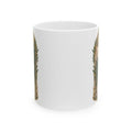 Olive and antique-gold San Judas Tadeo reliquary illustration on a white ceramic mug
