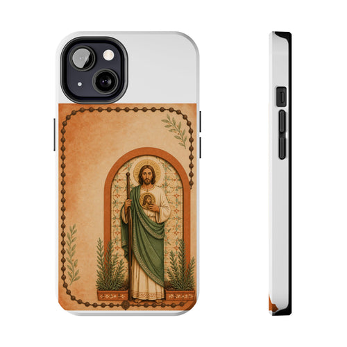 iPhone 13 San Judas phone case with terracotta rosary garden artwork