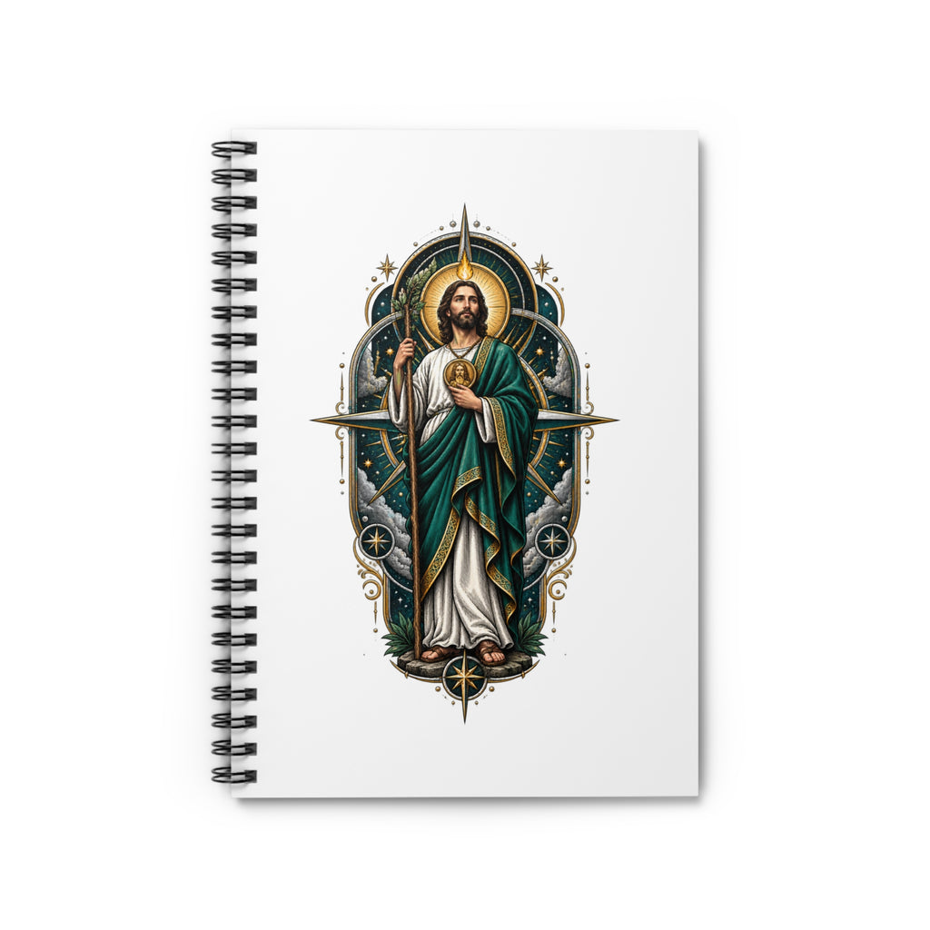 Midnight Compass San Judas Tadeo illustration on a spiral notebook