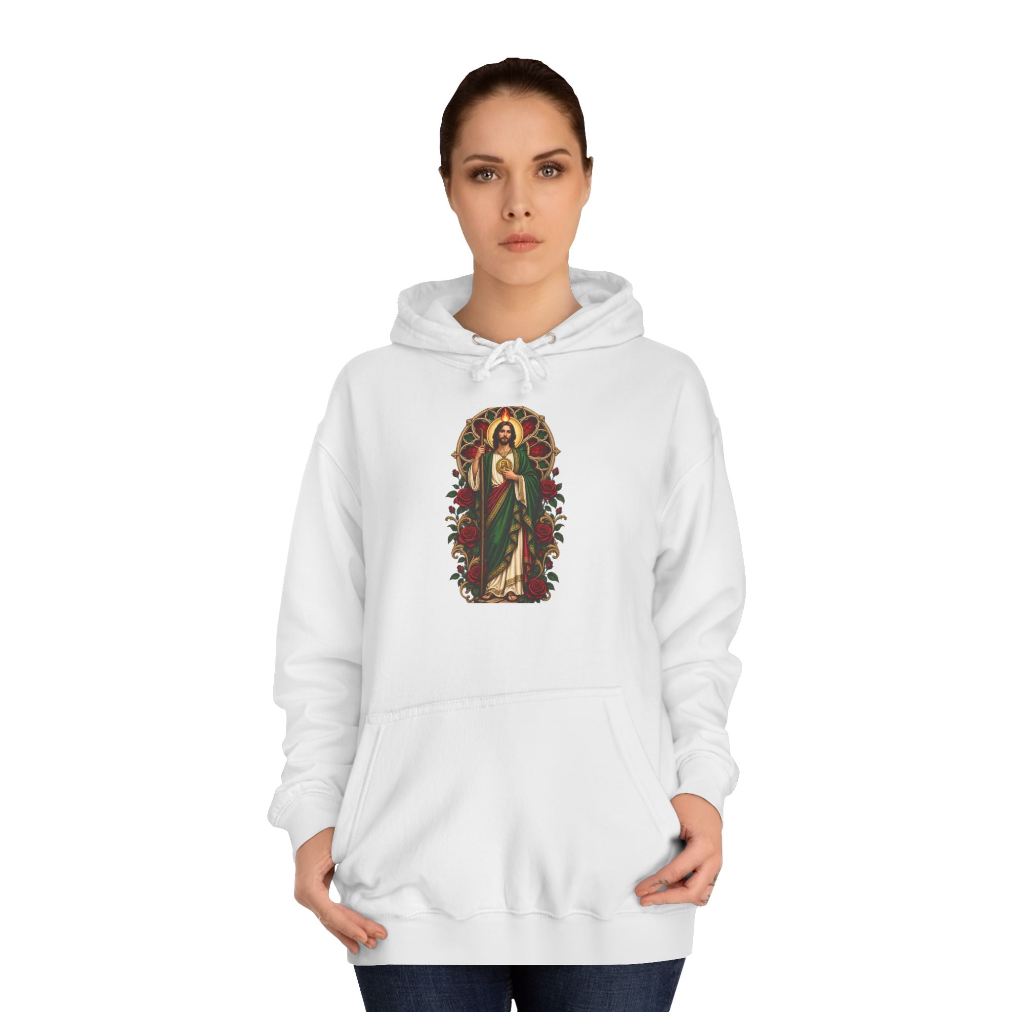 San Judas Tadeo Crimson Rose Window Unisex Hoodie product preview, view 4