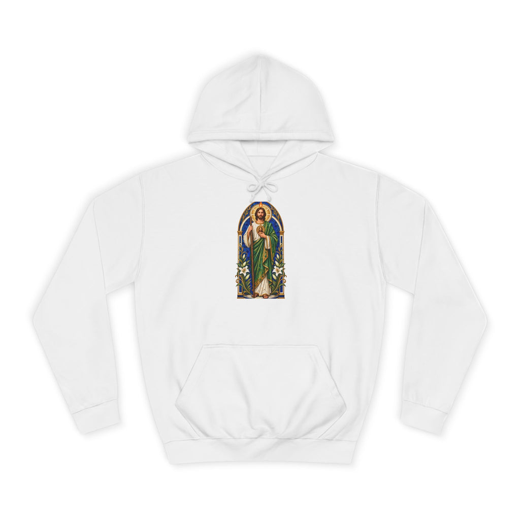 Cobalt chapel mosaic San Judas Tadeo illustration printed on an Arctic White unisex hoodie