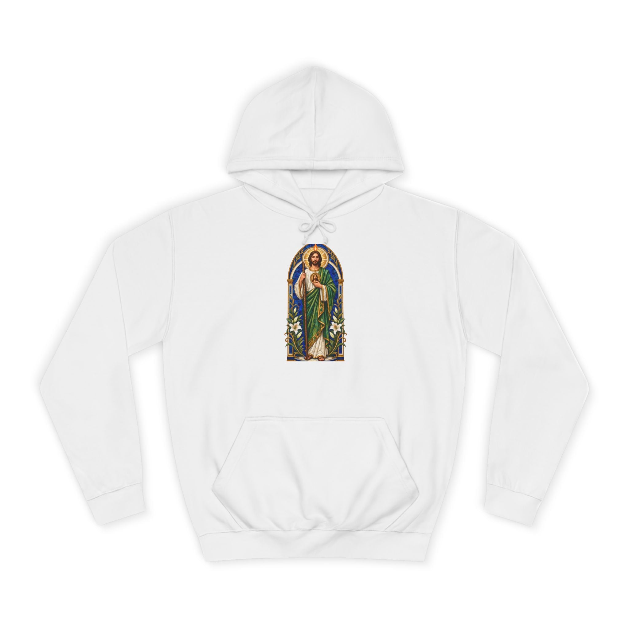 Cobalt chapel mosaic San Judas Tadeo illustration printed on an Arctic White unisex hoodie