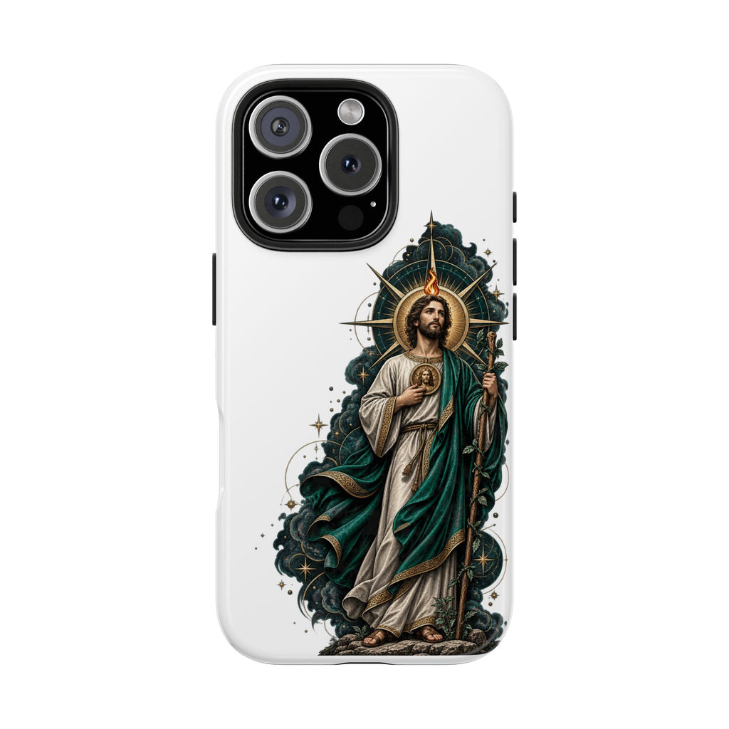iPhone 16 Pro San Judas phone case with midnight blue compass artwork