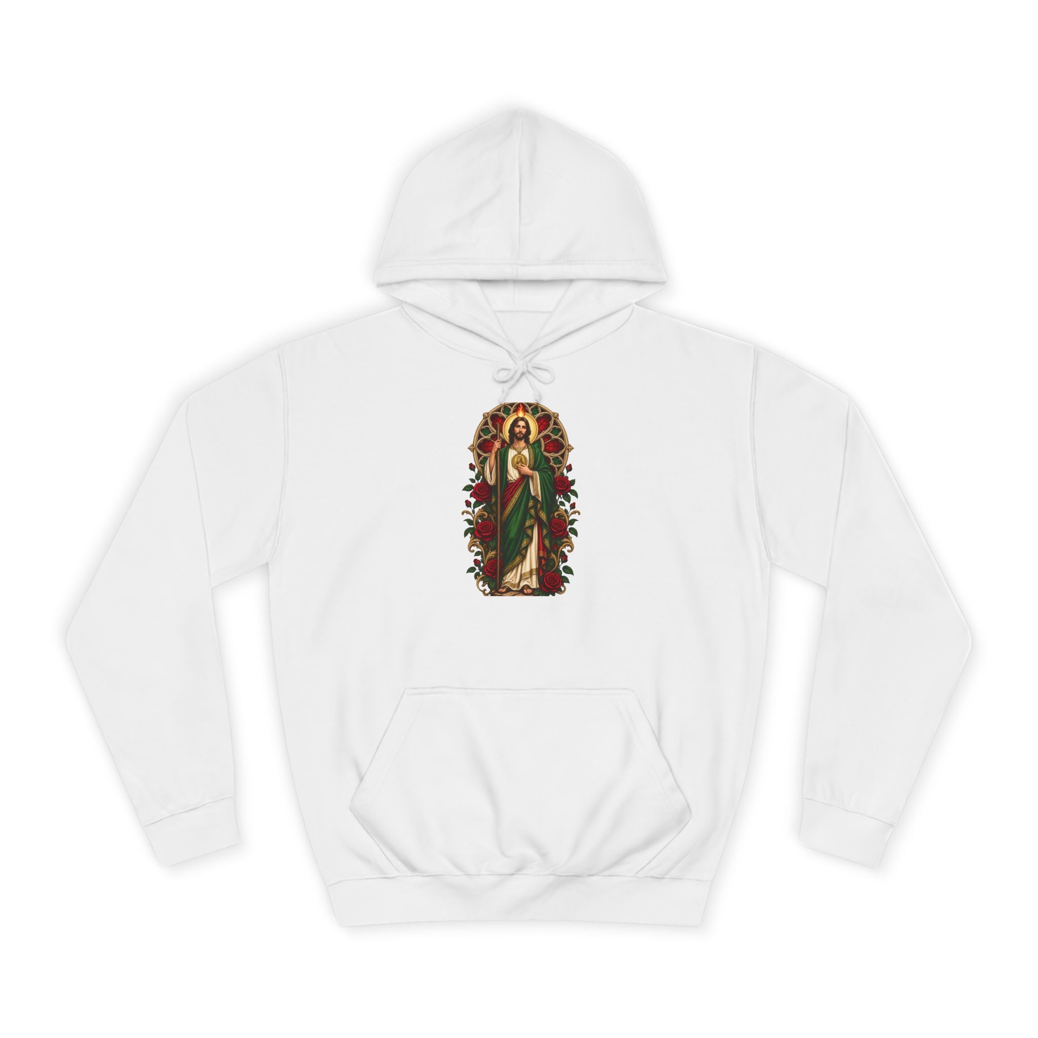 Crimson Rose Window San Judas Tadeo illustration on a unisex hoodie