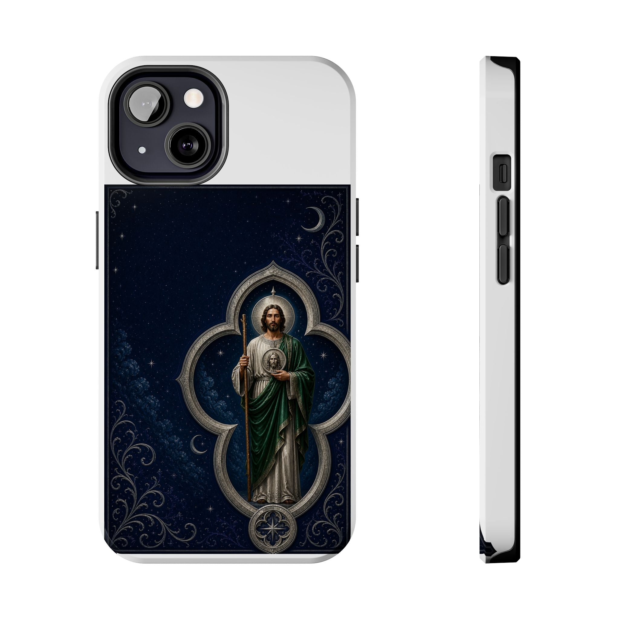silver, indigo, and ivory San Judas Tadeo Silver Moon Quatrefoil illustration on a tough phone case