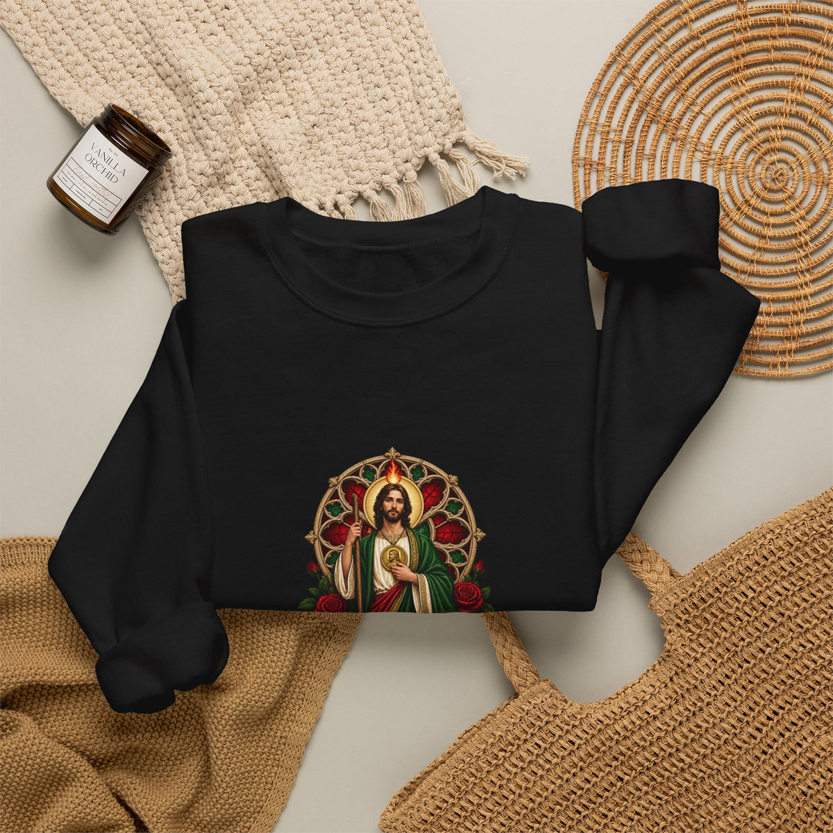 San Judas Tadeo Crimson Rose Window Crewneck Sweatshirt