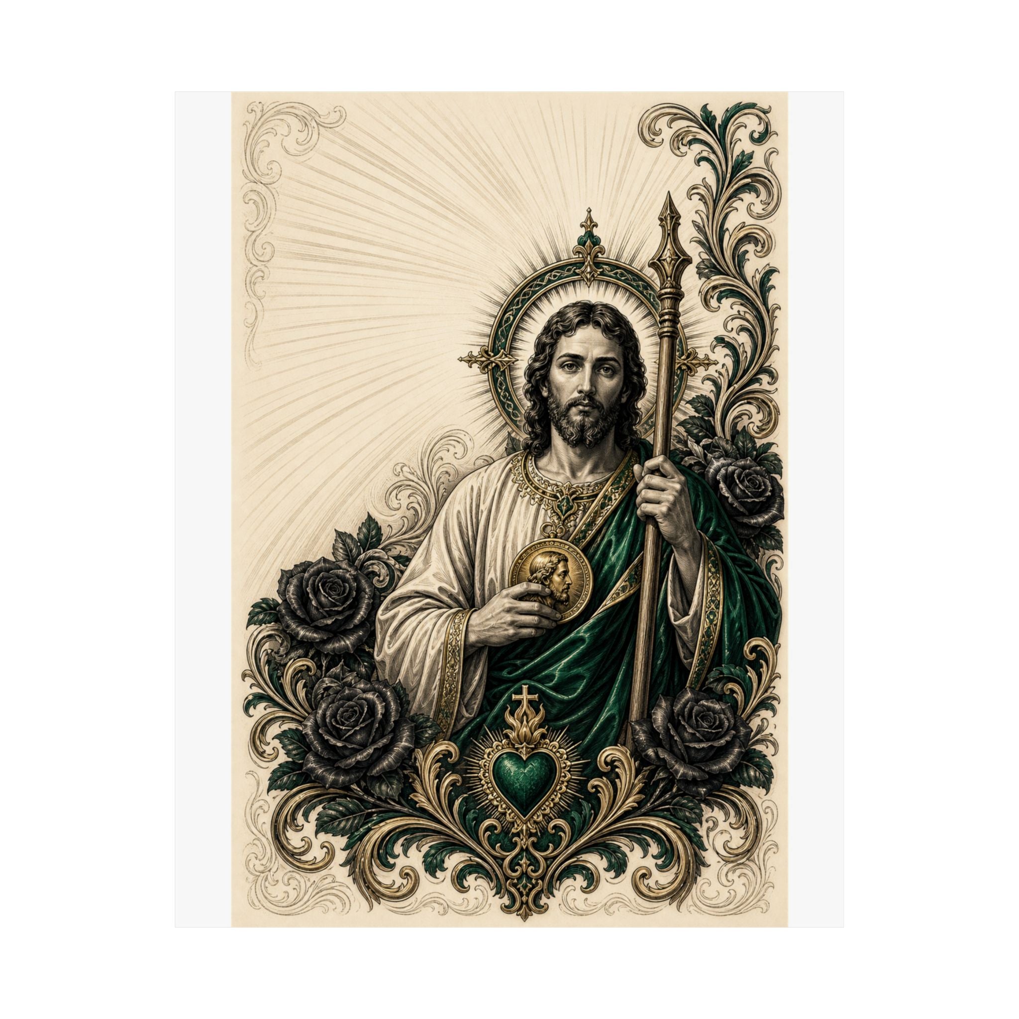 San Judas Tadeo Emerald & Gold Sacred Heart Matte Poster