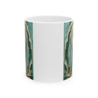 aqua, pearl, and aged brass San Judas Tadeo Aqua Radiant Sanctuary illustration on a 11 oz ceramic mug