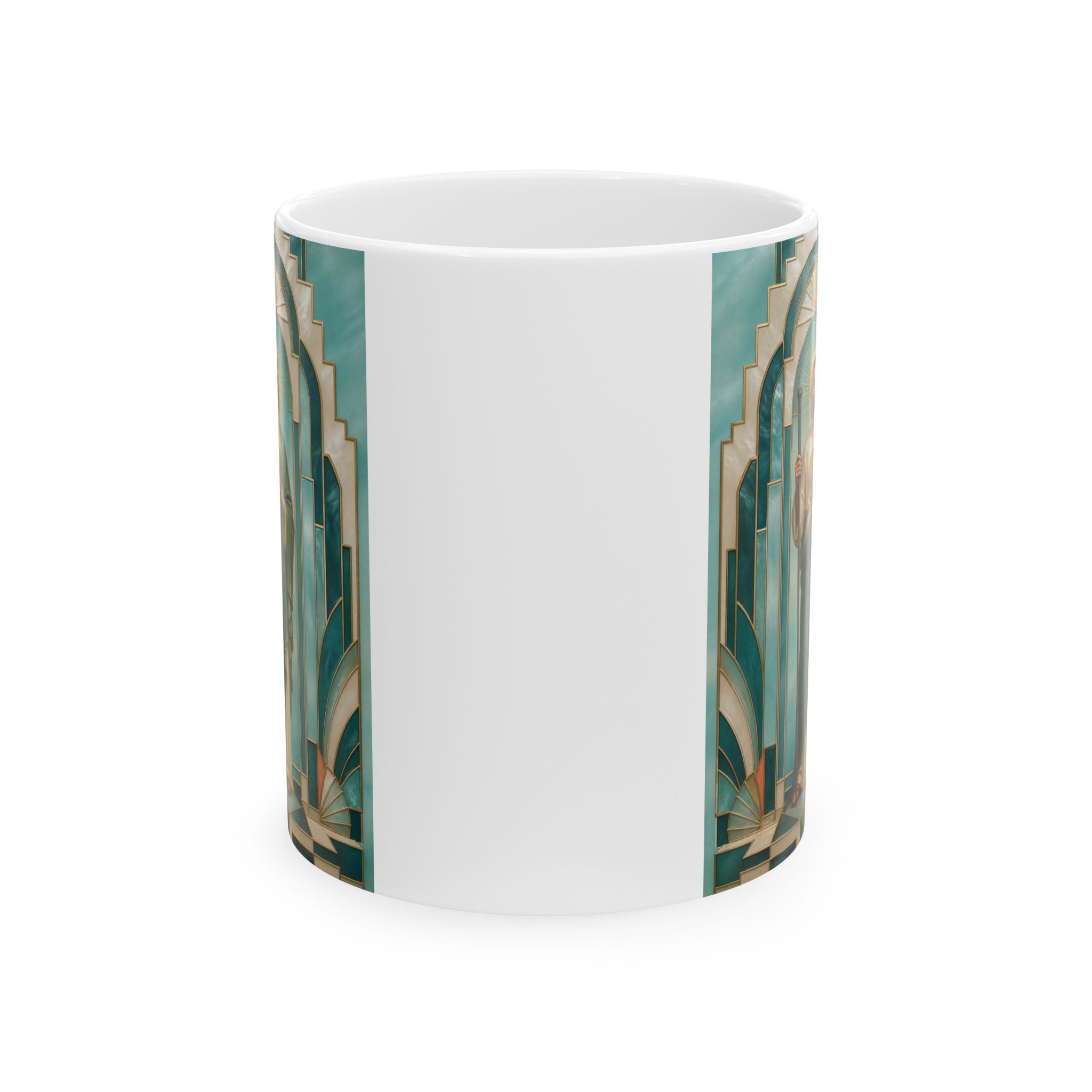 aqua, pearl, and aged brass San Judas Tadeo Aqua Radiant Sanctuary illustration on a 11 oz ceramic mug