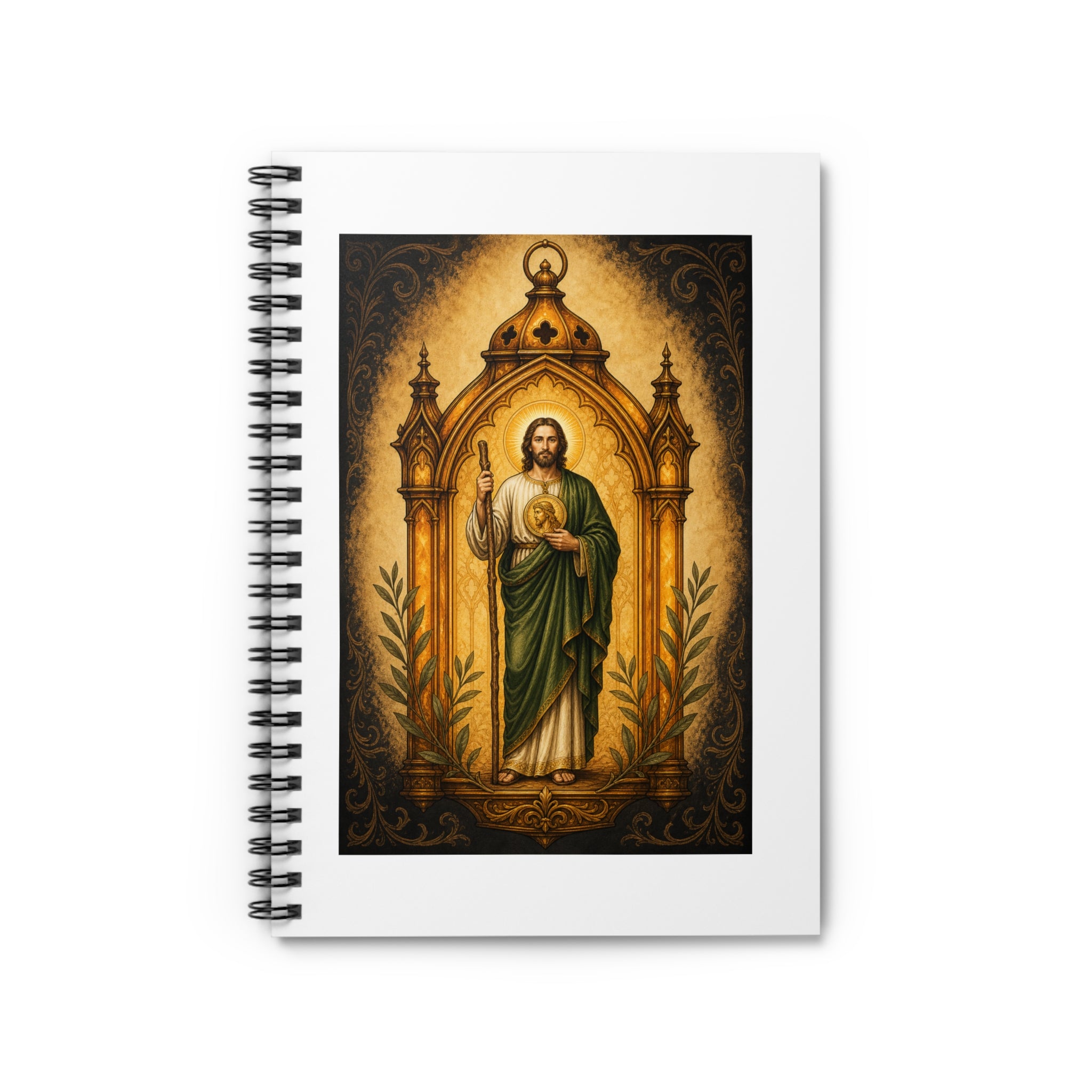 amber, charcoal, and olive San Judas Tadeo Amber Pilgrim Lantern illustration on a spiral notebook