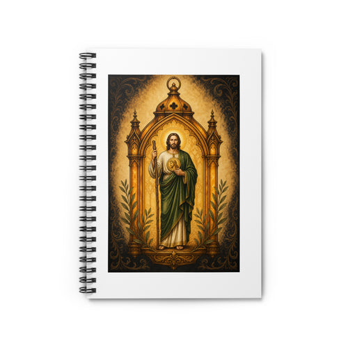 amber, charcoal, and olive San Judas Tadeo Amber Pilgrim Lantern illustration on a spiral notebook