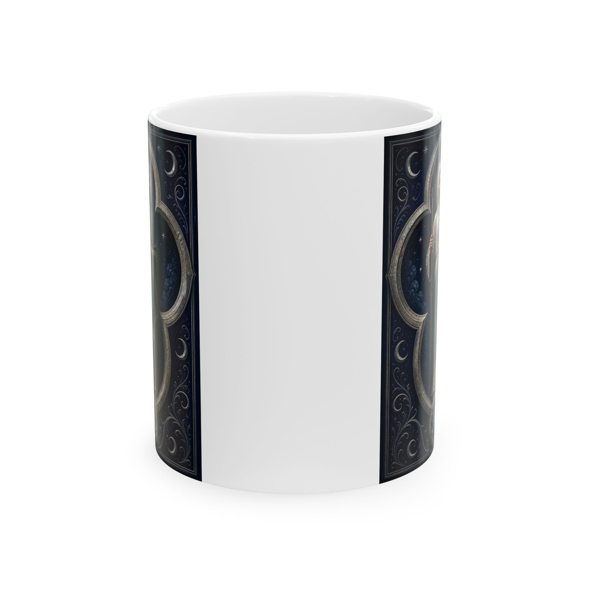silver, indigo, and ivory San Judas Tadeo Silver Moon Quatrefoil illustration on a 11 oz ceramic mug