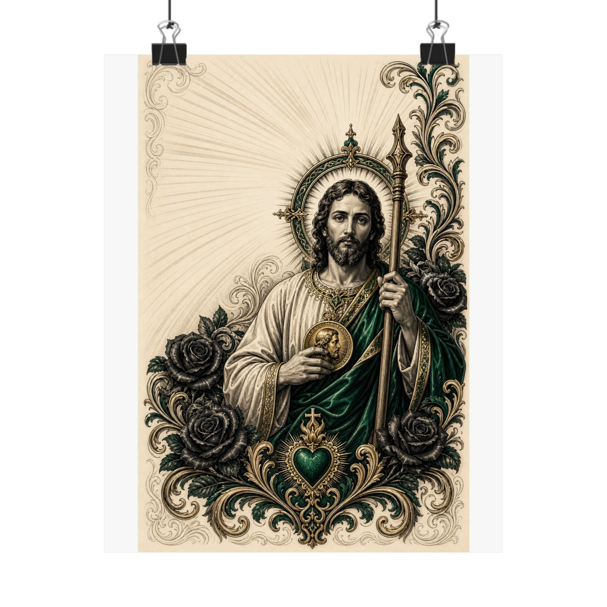 San Judas Tadeo Emerald & Gold Sacred Heart Matte Poster