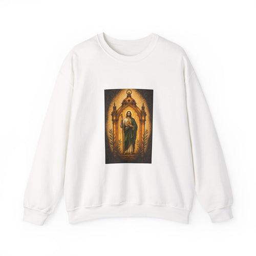 amber, charcoal, and olive San Judas Tadeo Amber Pilgrim Lantern illustration on a crewneck sweatshirt