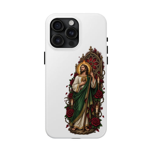 iPhone 15 Pro Max San Judas phone case with crimson rose window artwork