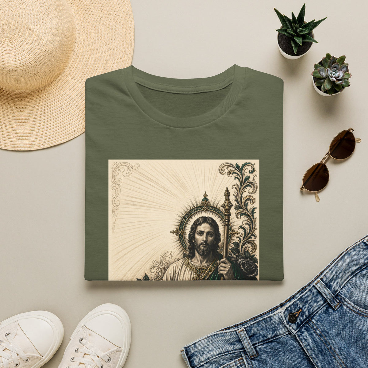 San Judas Tadeo Emerald & Gold Sacred Heart Unisex T-Shirt