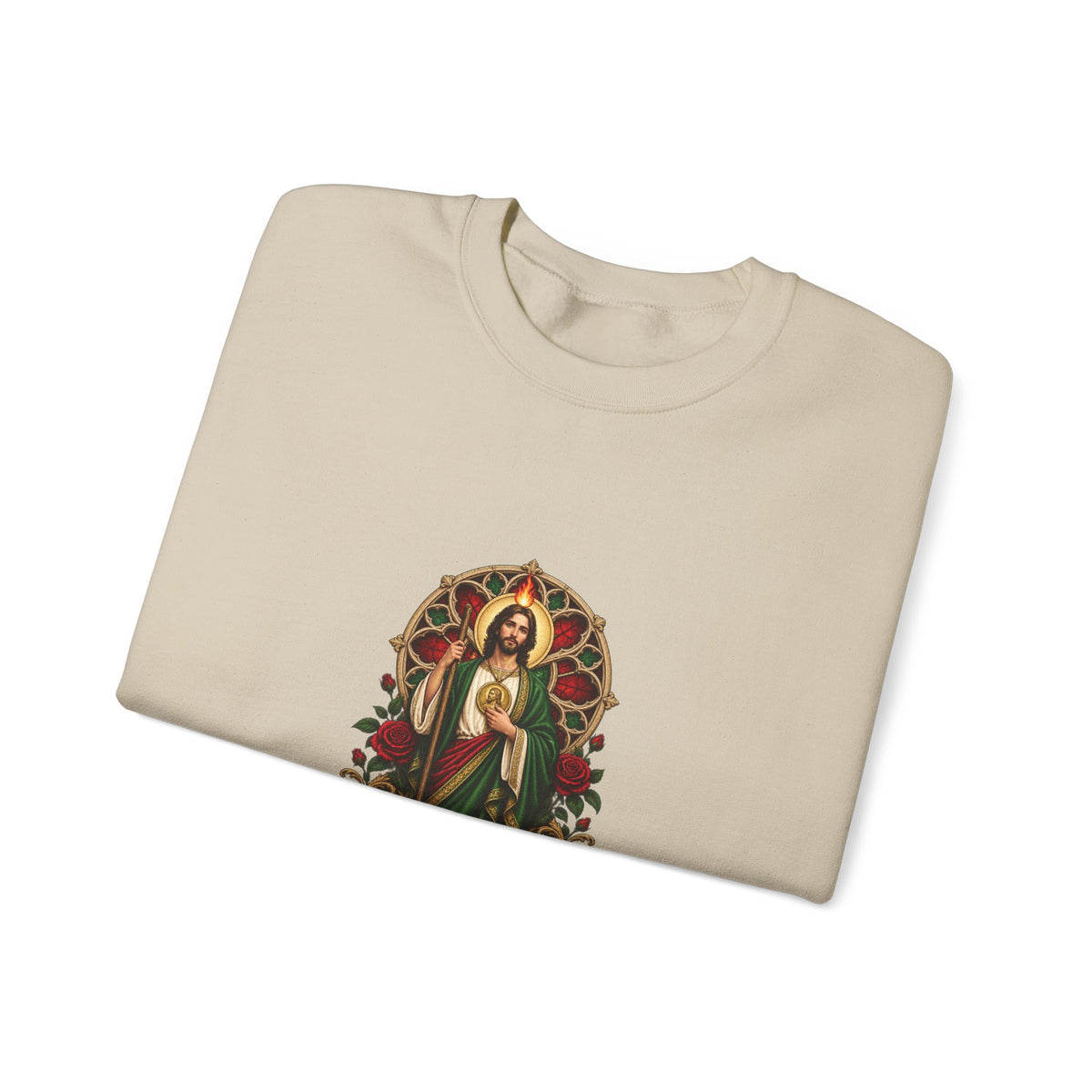 San Judas Tadeo Crimson Rose Window Crewneck Sweatshirt